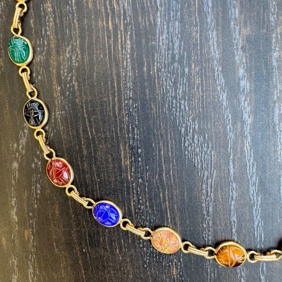 CARLA SCARAB NECKLACE 14K Gold Links 20" Gemstone Scarabs, Vintage Egyptian Rev - Picture 8 of 16